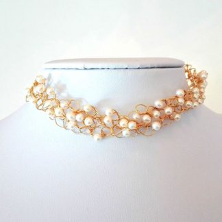 HANDMADE NECKLACE PEARL CHOKER 3 KNITTED GOLD